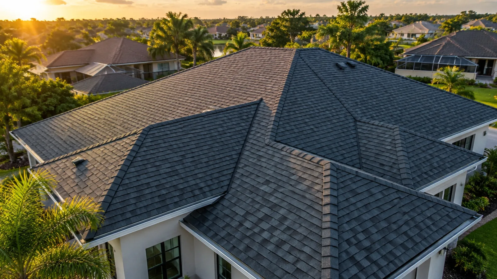 Illustrative photo — aerial view of a completed shingle roof replacement in Florida